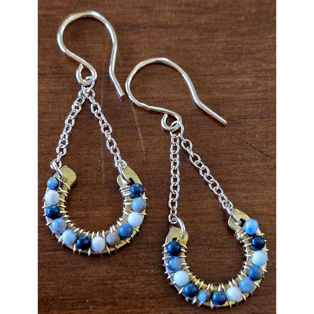 Boho Gypsy Handmade Picasso Jasper Gold Tone Wire Wrapped Horseshoe‎ Earrings